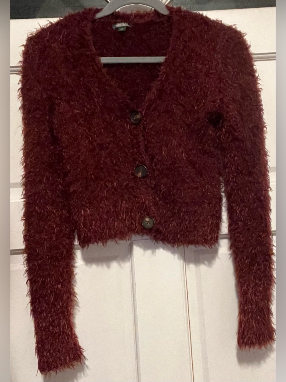 Wild Fable Burgundy Fuzzy Eyelash Knit Cropped Cardigan Sweater - Size XS